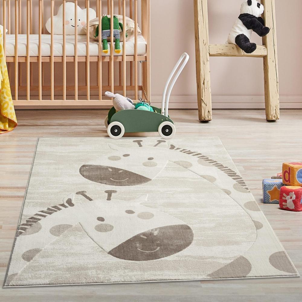 carpet city Kinderteppich Creme, Beige - 120x160 cm - Tier-Muster Giraffen - Kurzflor Teppiche Kinderzimmer, Spielzimmer Bild 1