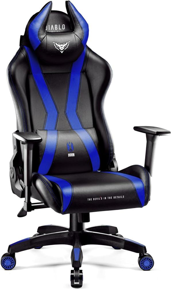 Diablo X-Horn 2. 0 Gaming Stuhl Bürostuhl Gamer Chair Schreibtischstuhl 3D Armlehnen Ergonomisches Design Nacken/- Lendenkissen Kunstleder Wippfunktion Blau Normal (L) Bild 1
