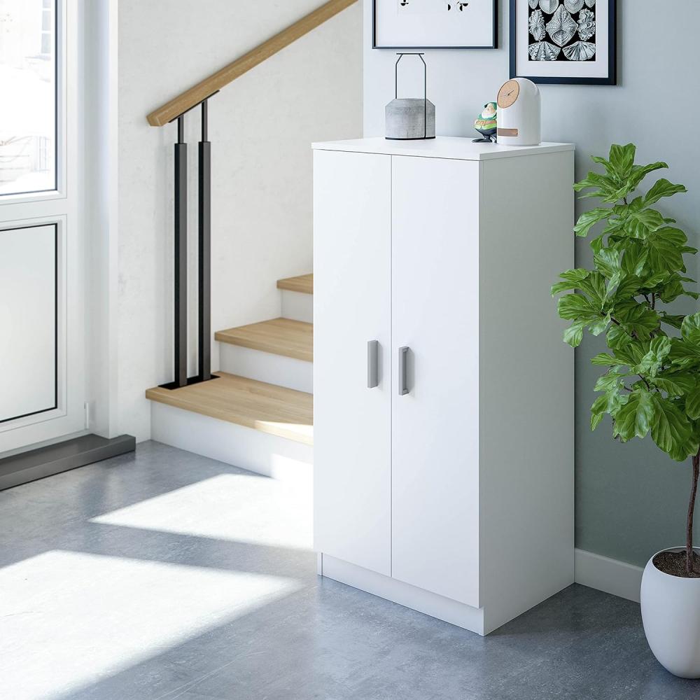 Dmora Multifunktions-Kleiderschrank mit zwei Türen mit sechs Einlegeböden, Farbe Weiß, Maße 55 x 108 x 36 cm Bild 1