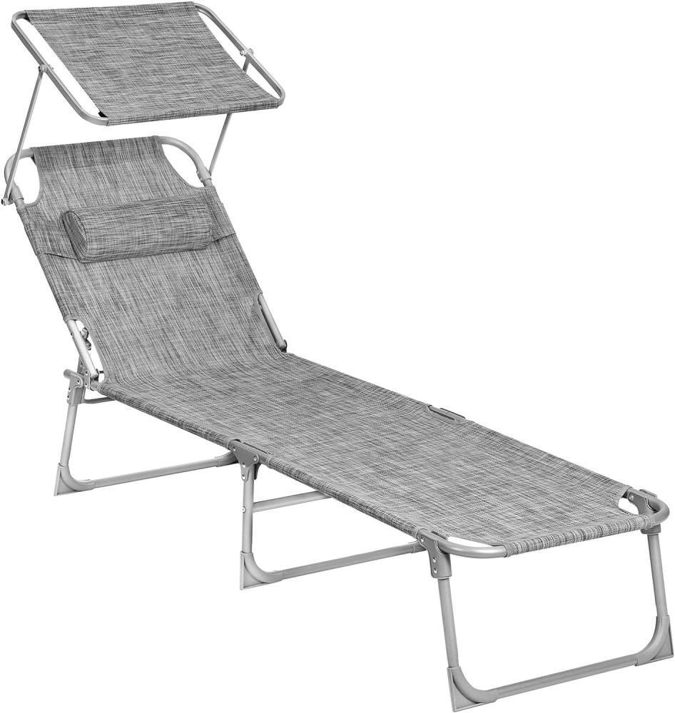 SONGMICS Sonnenliege, klappbarer Liegestuhl, 193 x 53 x 29 cm, max. Belastbarkeit 150 kg, mit Sonnenschutz, Kopfstütze und verstellbarer Rückenlehne, für Garten, Pool, Terrasse, greige GCB19T Bild 1