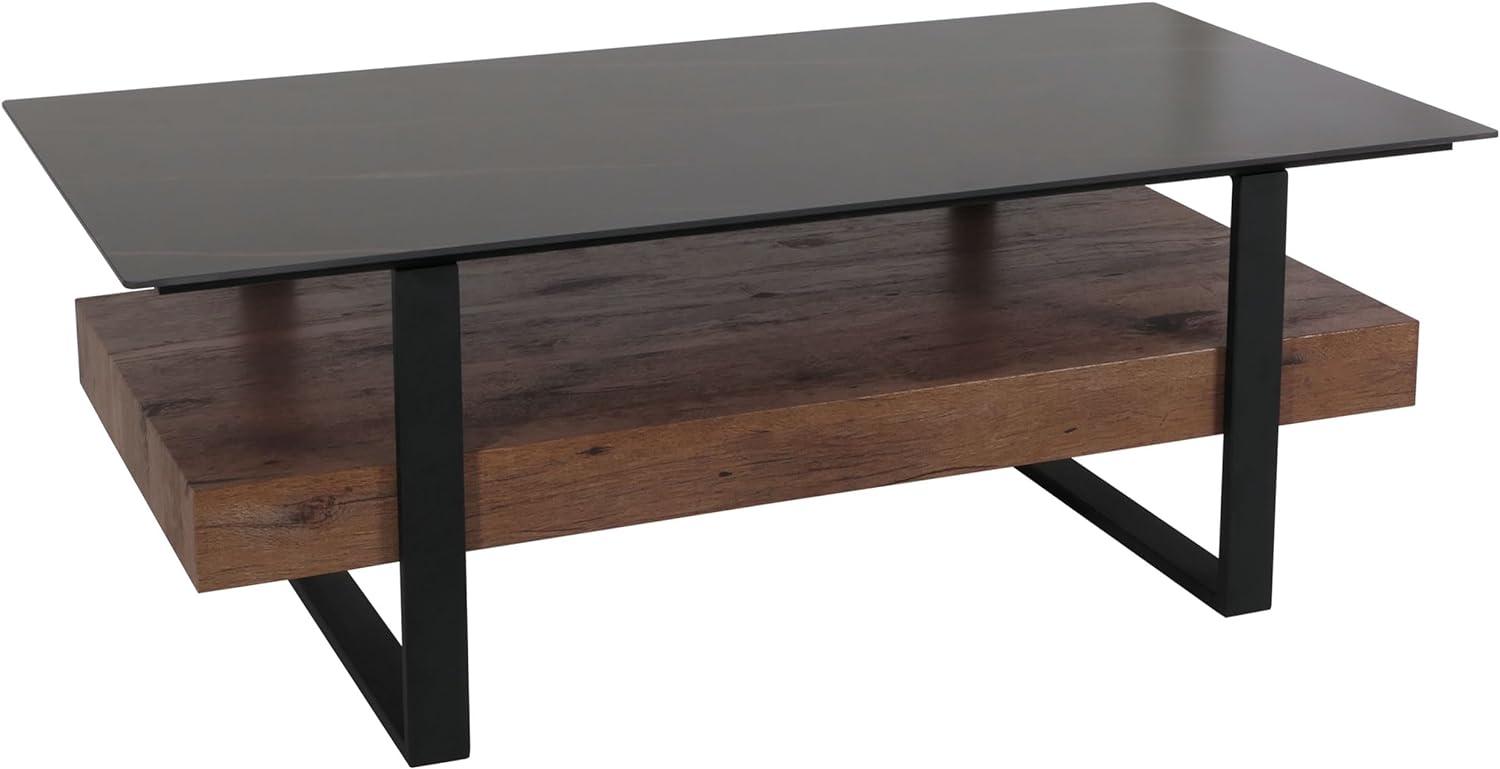 Couchtisch HWC-L88, Wohnzimmertisch Tisch, Ablage Eisen 43x120x60cm Sinterstein Marmor-Optik schwarz Holz dunkelbraun Bild 1