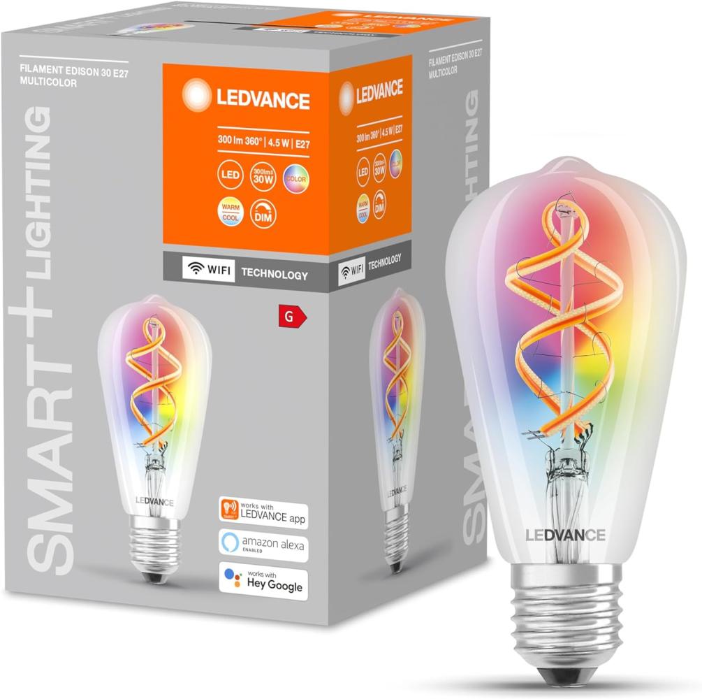 LEDVANCE Smarte LED-Lampe mit Wifi Technologie, E27, RGB-Farben änderbar, Edisonform, Farbiges Filament als Stimmungslicht, Ersatz für herkömmliche 60W-Glühbirnen, steuerbar mit Alexa, Google & App Bild 1