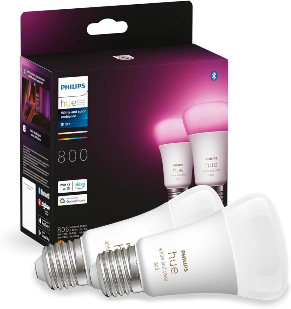 Philips Hue White & Color Ambiance E27 LED Leuchten 2-er Pack, 2x800, dimmbare LED Lampen für das Hue Lichtsystem mit 16 Mio. Farben, smarte Lichtsteuerung über Sprache und App Bild 1