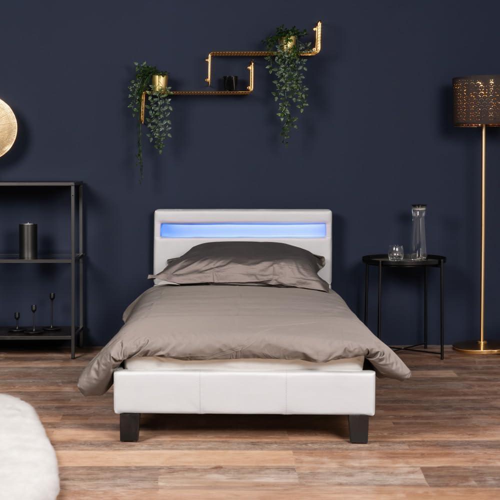 Home Deluxe - LED Bett Astro - Weiß, 90 x 200 cm - Inkl. Lattenrost I Polsterbett Design Bett inkl. Beleuchtung Bild 1