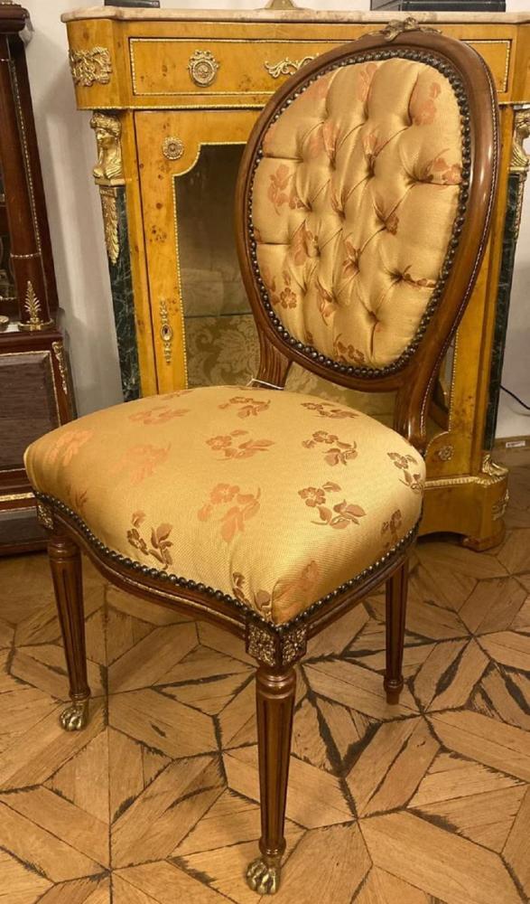 Casa Padrino Luxus Barock Esszimmer Stuhl Gold Muster / Braun / Antik Messing - Handgefertigter Massivholz Stuhl mit Löwenfüßen - Barockstil Küchenstuhl - Esszimmer Möbel im Barockstil Bild 1