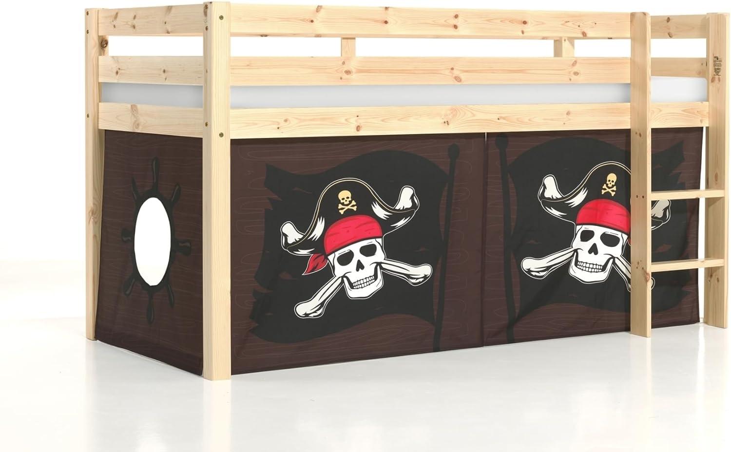 Vipack 'Pino' Halbhochbett 90x200 cm, natur, Kiefer massiv, mit Textilset 'Caribian Pirate' Bild 1