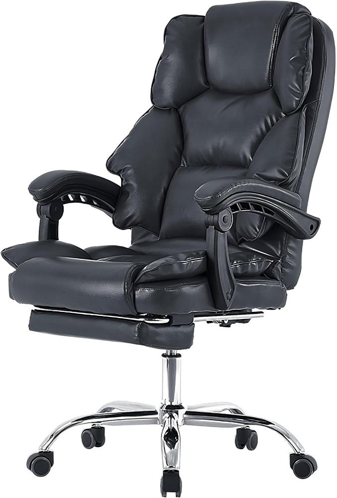 Bürostuhl mit Fußstütze und flexiblen 3-Punkt-Armlehnen - Schreibtischstuhl im Lederoptik - ergonomischer Bürostuhl mit einer verstellbaren Rückenlehne für gesündere Sitzhaltung Schwarz Bild 1