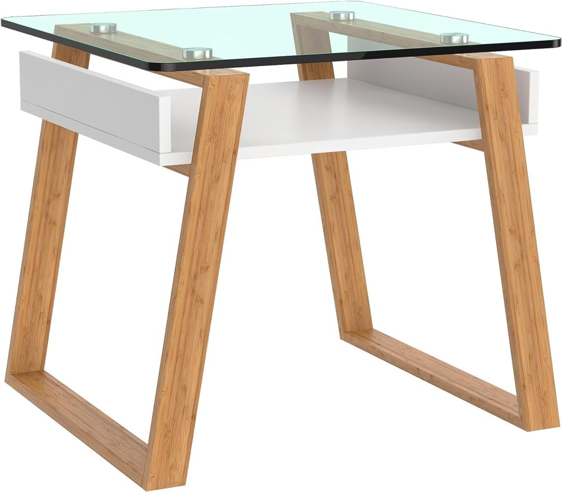 bonVIVO Beistelltisch weiß mit Glas Holz Materialmix - Couchtisch, Sideboard, Wohnzimmertisch - Modern Minimalistisch - Stilvoller Glastisch für Wohnzimmer, Schlafzimmer, Diele Bild 1