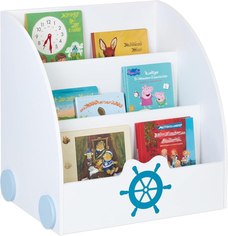 Relaxdays Bücherregal Kinder, HBT: 60 x 58 x 45 cm, 3 Fächer, MDF, maritimes Kinderbücherregal, Kinderregal, weiß/blau Bild 1