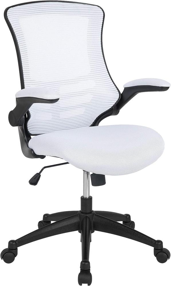 Flash Furniture Bürostuhl mit mittelhoher Rückenlehne – Ergonomischer Schreibtischstuhl mit hochklappbaren Armlehnen und Netzstoff – Perfekt für Home Office oder Büro – Weiß Bild 1