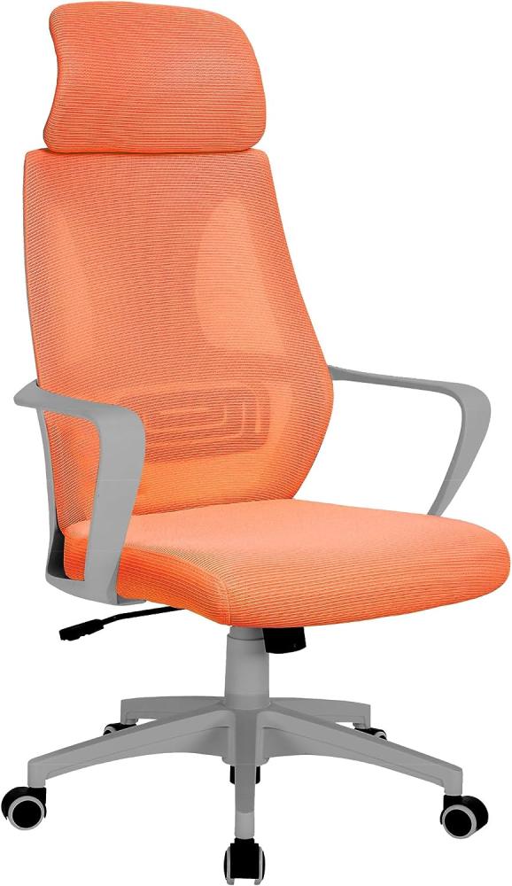 Bürostuhl mit Lordosenstütze im Netzstoff-Design Schreibtischstuhl mit Wippfunktion ergonomischer Drehstuhl mit einer verstellbaren atmungsaktiven Rückenlehne Grau/Orange Bild 1