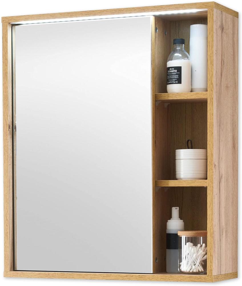 Stella Trading Spiegelschrank Bad mit LED-Beleuchtung in Wotan Eiche Optik - Badezimmerspiegel Schrank mit viel Stauraum - 60 x 70 x 20 cm (B/H/T) Bild 1