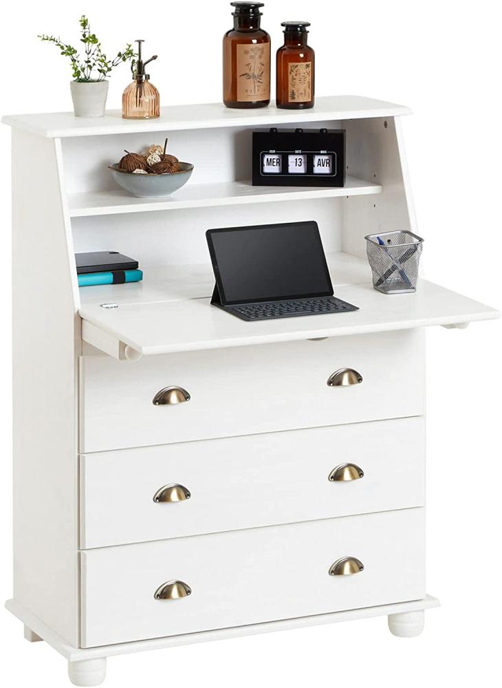 IDIMEX Sekretär Gomes aus massiver Kiefer weiß, schöner Bürotisch mit Klappe, praktischer Arbeitstisch mit 2 Fächer und 3 Schubladen Bild 1
