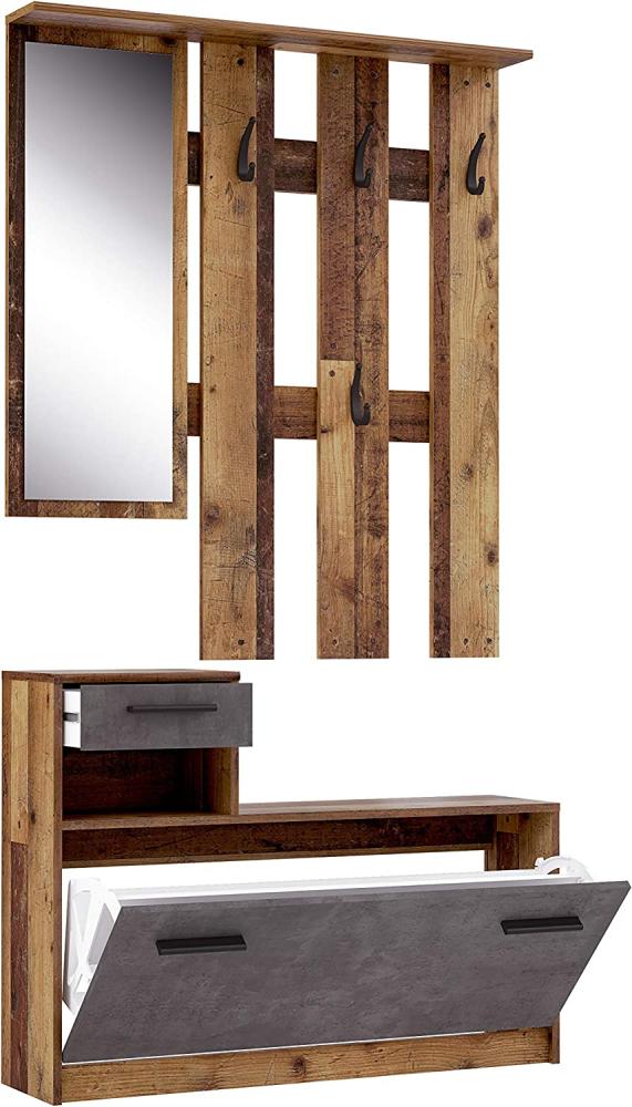 FORTE Foxi Kompaktgarderobe inklusive Spiegel, Holzwerkstoff, Old Wood Vintage Dekor, 97. 5 x 25 x 180 cm Bild 1