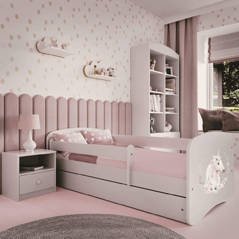 Kinderbett 160x80 mit Matratze, Rausfallschutz, Lattenrost & Schublade in weiß 80 x 160 Mädchen Bett rosa Pferd Bild 1