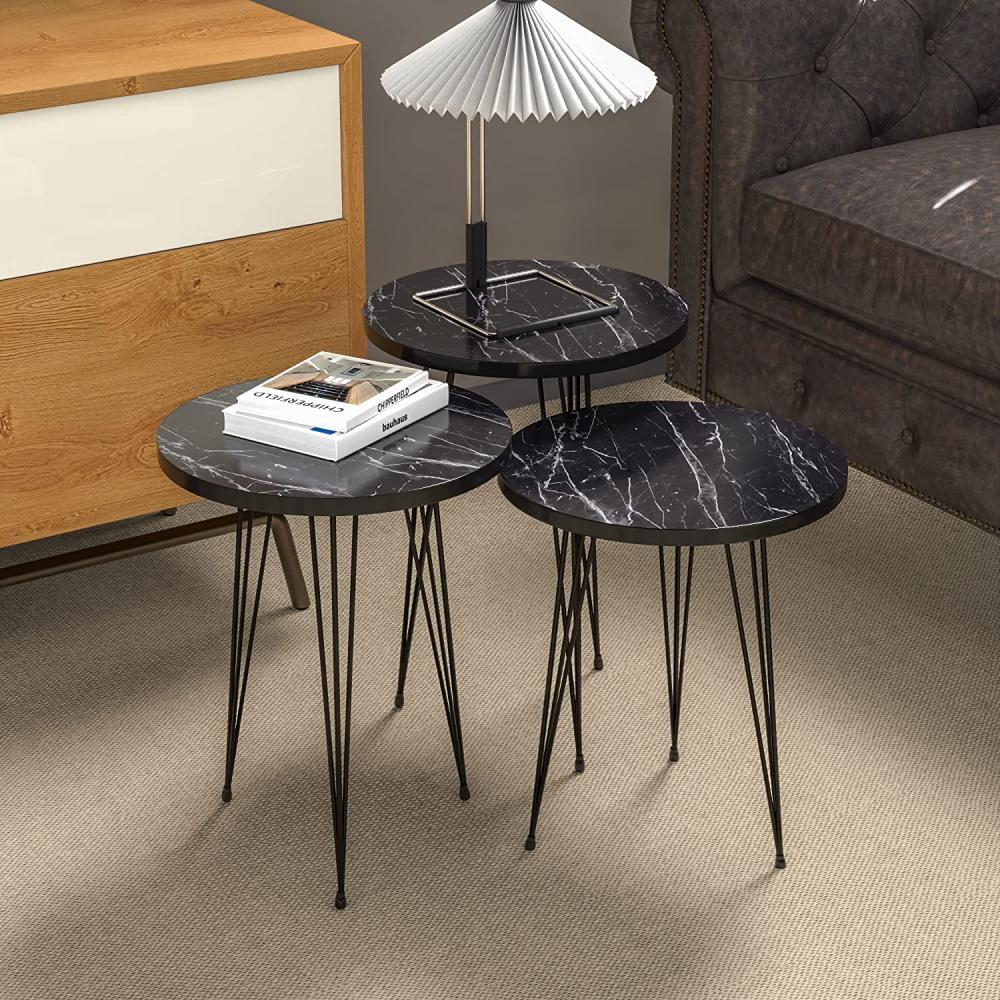[en. casa] Beistelltisch-Set Ry Satztisch 3er Set Schwarze Marmor-Optik Abstelltisch mit runder Tischplatte Hairpinlegs aus Metall Wohnzimmertisch Bild 1