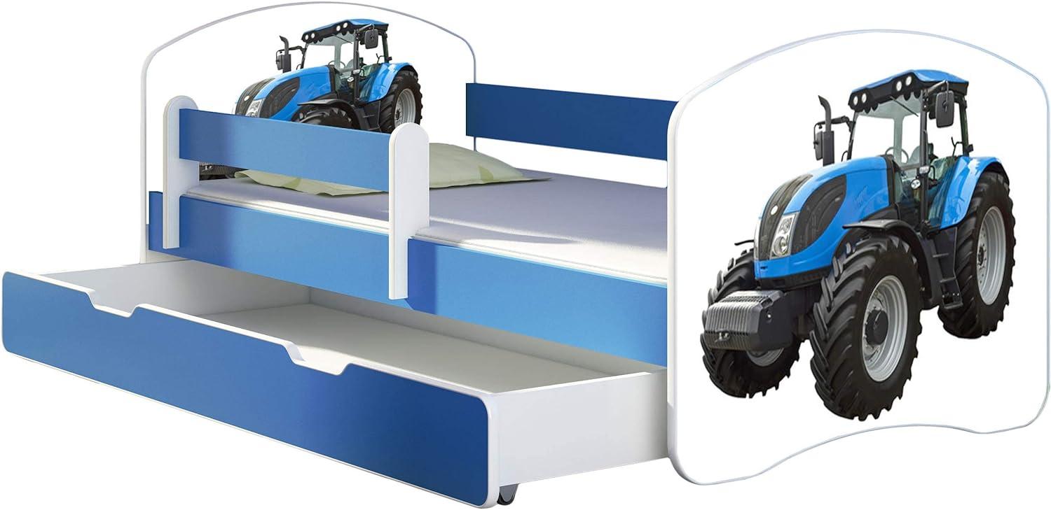 ACMA Kinderbett Jugendbett mit Einer Schublade und Matratze Blau mit Rausfallschutz Lattenrost II 140x70 160x80 180x80 (42 Traktor, 140x70 + Bettkasten) Bild 1