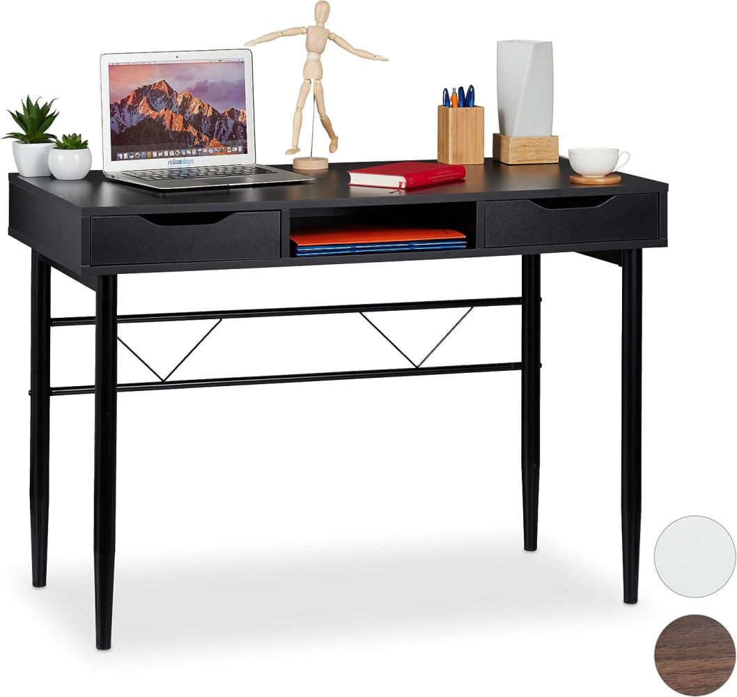 Relaxdays Schreibtisch mit Schubladen und Ablage, modern, Metallgestell, Büroschreibtisch HBT: 77 x 110 x 55 cm, schwarz, PB Bild 1