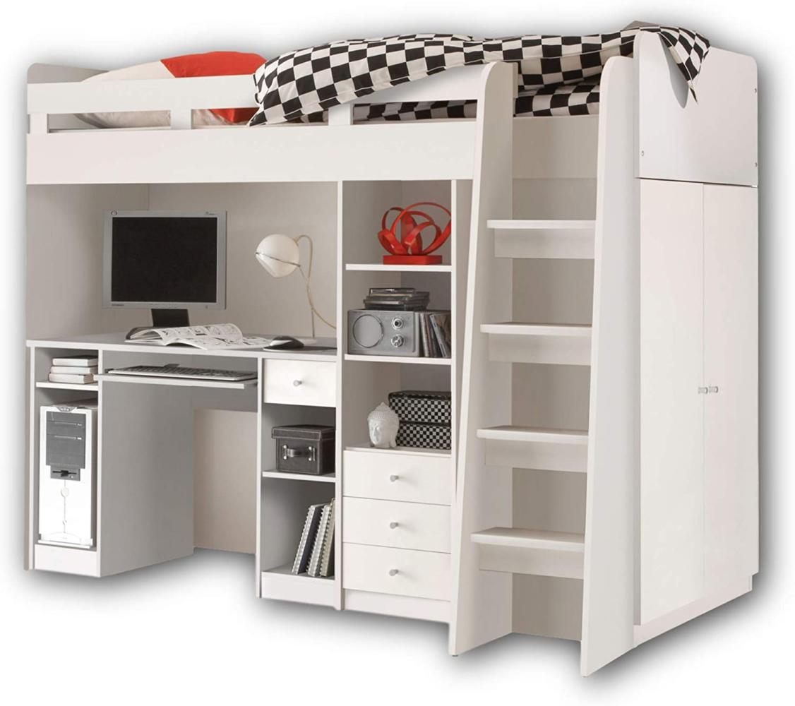 Bega Hochbett Unit 90x200 cm weiß inklusive Kleiderschrank, Regal und Schreibtisch Bild 1