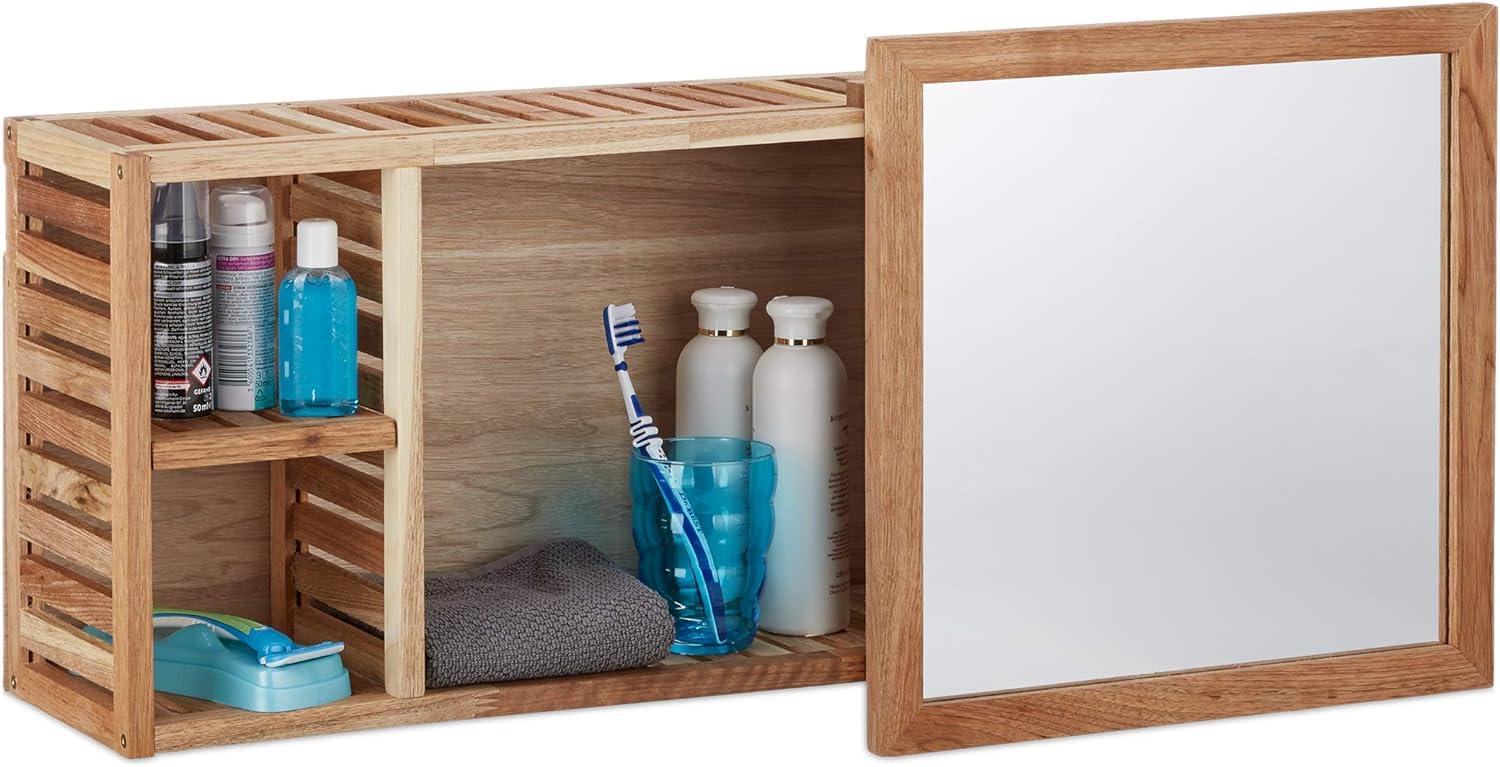 Relaxdays Wandregal mit verschiebbarem Spiegel, geöltes Holz Walnuss, 80 cm Bild 1