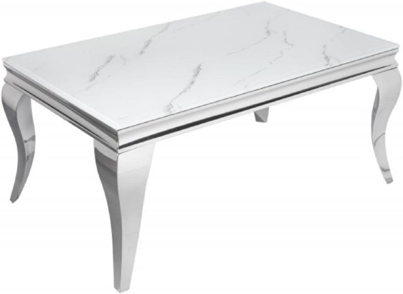 Casa Padrino Designer Couchtisch Weiß / Grau / Silber 100 x 60 x H. 45 cm - Rechteckiger Edelstahl Wohnzimmertisch mit digitalbedrucktem Sicherheitsglas in Marmoroptik - Moderne Barock Möbel Bild 1