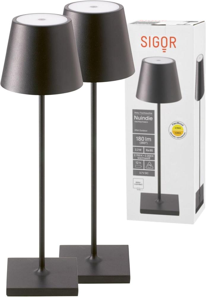 SIGOR 2 Stück Nuindie - Dimmbare LED Akku-Tischlampe Indoor & Outdoor, IP54 spritzwassergeschützt, Höhe 38 cm, aufladbar mit easy-connect, 12 h Leuchtdauer, nachtschwarz Bild 1