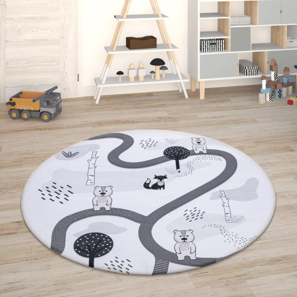 Paco Home Kinderteppich Teppich Kinderzimmer Spielmatte Straßenteppich Spielteppich, Grösse:150 cm Rund, Farbe:Weiß Bild 1