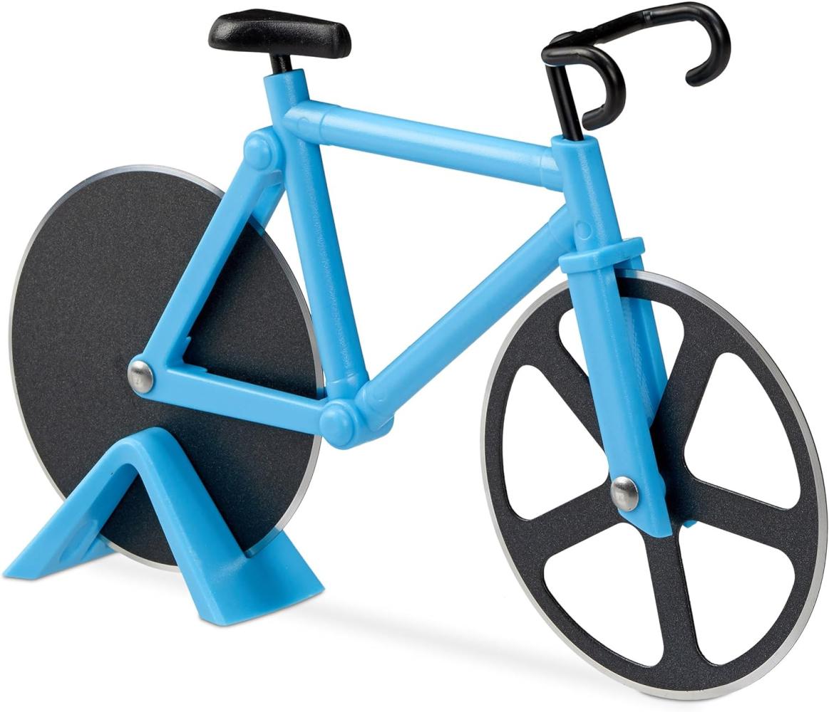 Relaxdays Fahrrad Pizzaschneider, lustiger Pizzaroller mit Schneiderädern aus Edelstahl, Cutter für Pizza & Teig, blau Bild 1