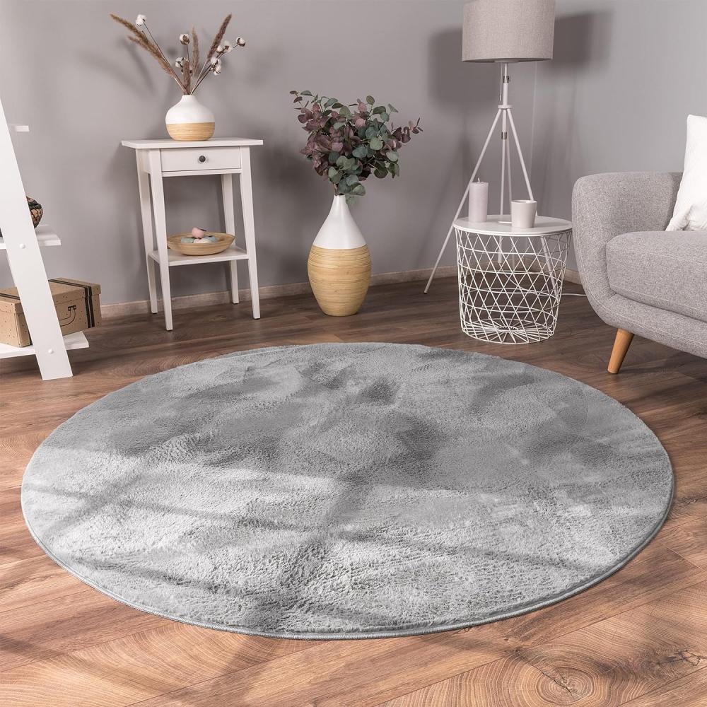 Paco Home Hochflor Teppich Wohnzimmer Flauschig Fellteppich Kunstfell Plüsch Shaggy Weich Fellimitat, Grösse:120 cm Rund, Farbe:Anthrazit Bild 1