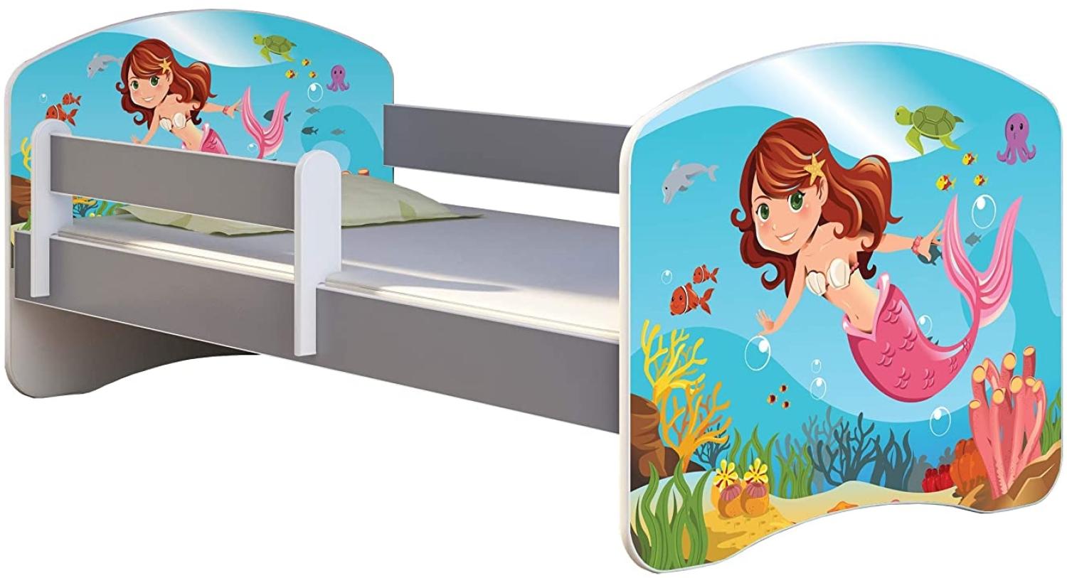 ACMA Kinderbett Jugendbett mit Einer Schublade und Matratze Grau mit Rausfallschutz Lattenrost II (09 Meerjungfrau, 160x80) Bild 1