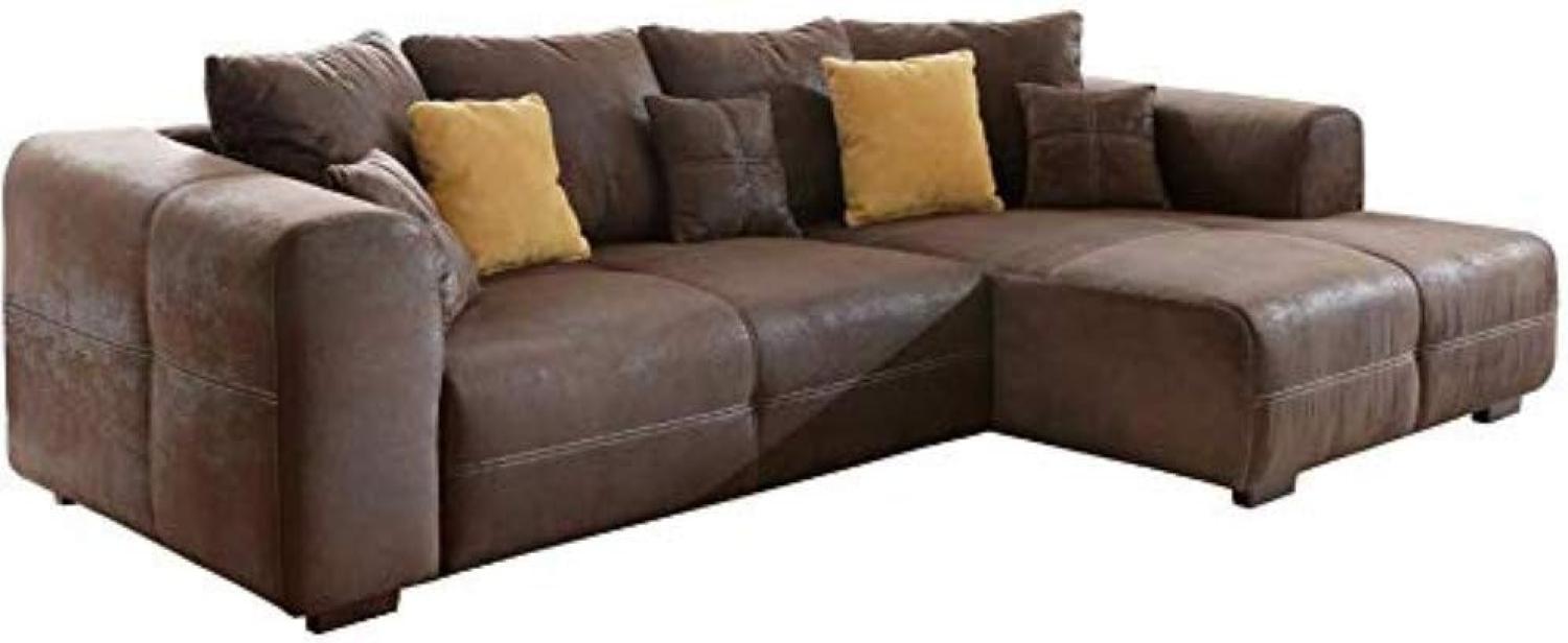 Cavadore Ecksofa Mavericco / Polster Eck-Couch mit Kissen in Antik-Leder-Optik und Holzfüßen / Longchair rechts / 285 x 69 x 170 / Mikrofaser Braun Bild 1