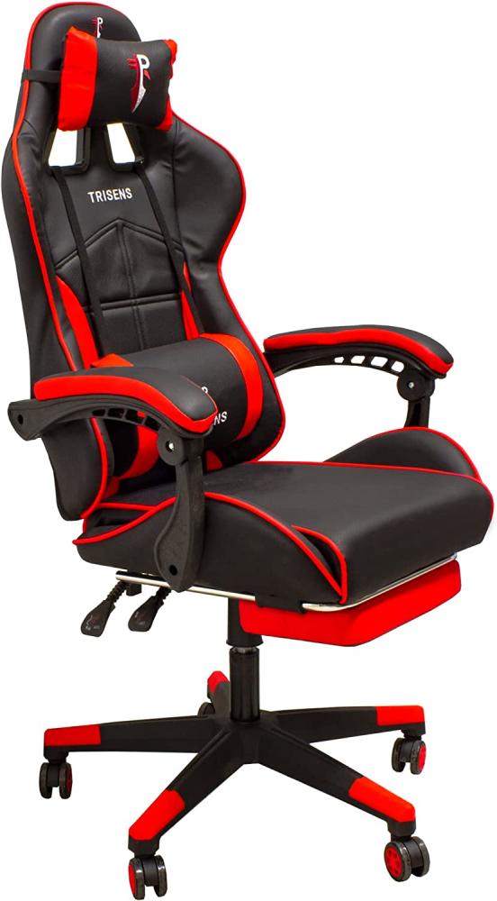 Gaming Stuhl im Racing-Design mit Fußstütze Gaming Bürostuhl mit Armlehnen ergonomischer Gaming Schreibtischstuhl mit verstellbarem Rückenstützkissen und Nackenkissen Schwarz / Rot Bild 1