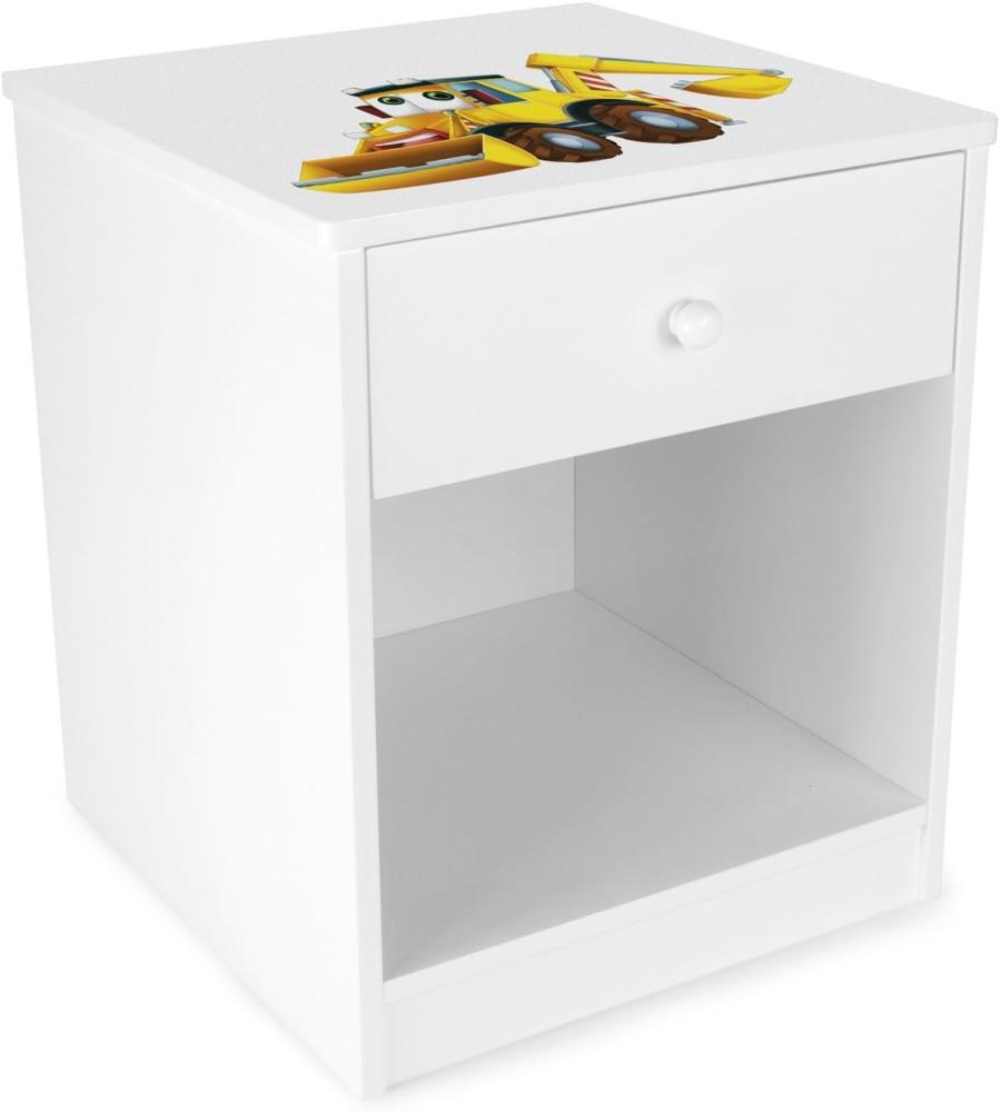 Weiß Nachttisch aus Holz - Herr Bagger - Nachtschrank mit Schublade für Kinder Bild 1
