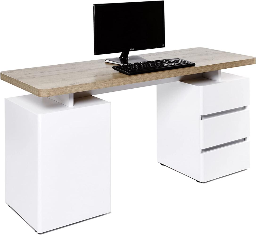 Amazon Marke - Movian Skadar - Schreibtisch mit 1 Tür und 3 Schubladen, 150 x 55 x 76 cm, Farbe: Riviera Eiche/Mattweiß Bild 1