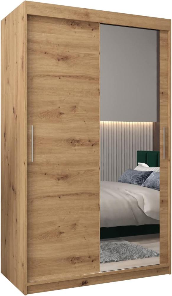 Kryspol Schwebetürenschrank Tokyo 2-120 cm mit Spiegel Kleiderschrank mit Kleiderstange und Einlegeboden Schlafzimmer- Wohnzimmerschrank Schiebetüren Modern Design (Artisan Eiche) Bild 1