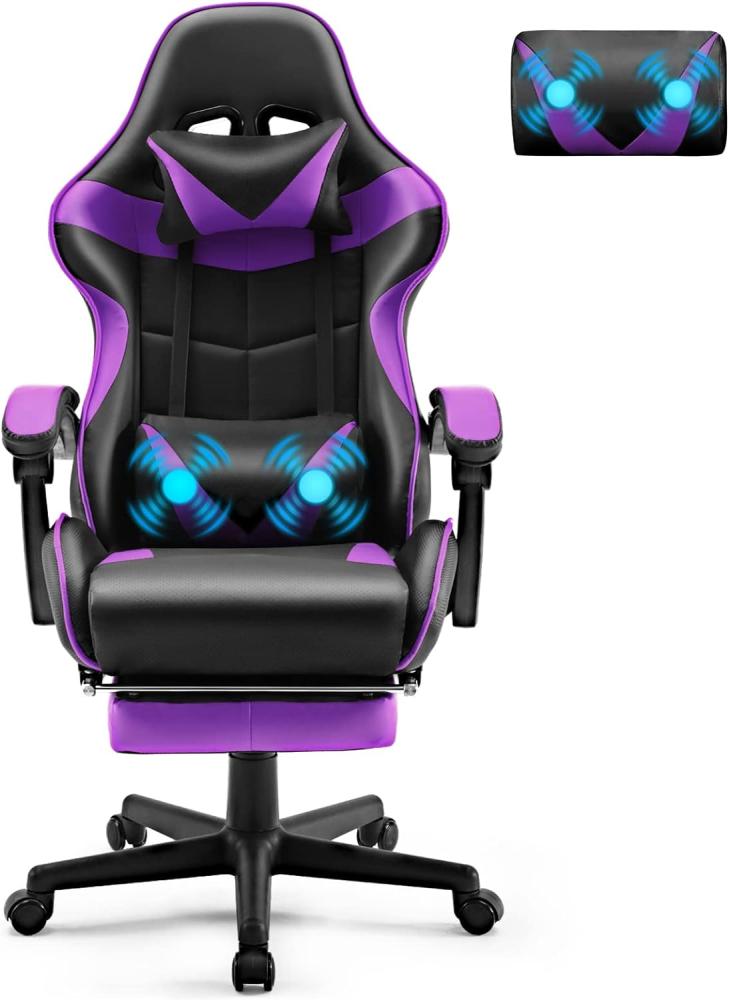 Soontrans Gaming Stuhl Massage, Gaming Sessel mit Fußstütze & Kopfstütze & Massage-Lendenkissen, Gepolsterte Armlehnen, Ergonomisch Gaming Stuhl für Gamer YouTube Livestreaming Xbox (Lila) Bild 1