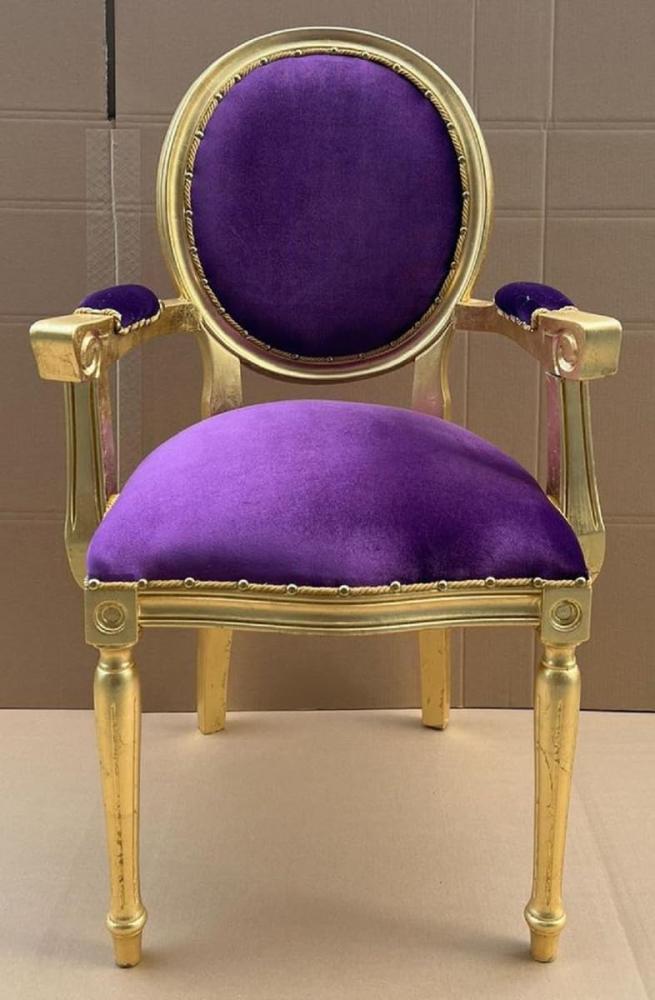 Casa Padrino Luxus Barock Esszimmer Stuhl Lila / Gold - Handgefertigter Antik Stil Stuhl mit Armlehnen und edlem Samtstoff - Esszimmer Möbel im Barockstil Bild 1