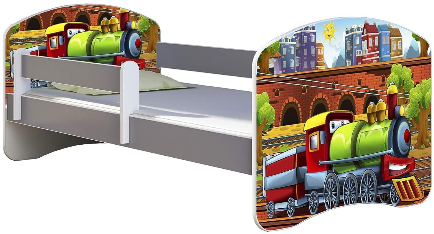 ACMA Kinderbett Jugendbett mit Einer Schublade und Matratze Grau mit Rausfallschutz Lattenrost II (44 Lokomotive, 180x80) Bild 1