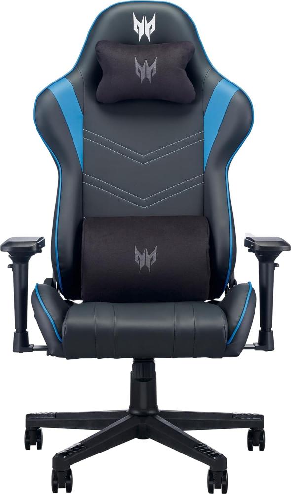 Predator Rift Gaming Stuhl (Abnehmbare Lenden- und Kopfstütze, verstellbare 4D-Armlehnen, Zwei-Polster-Kissen, 155° neigbare Rückenlehne, für Nutzer bis zu 110 kg, Leder Cover) schwarz/blau Bild 1