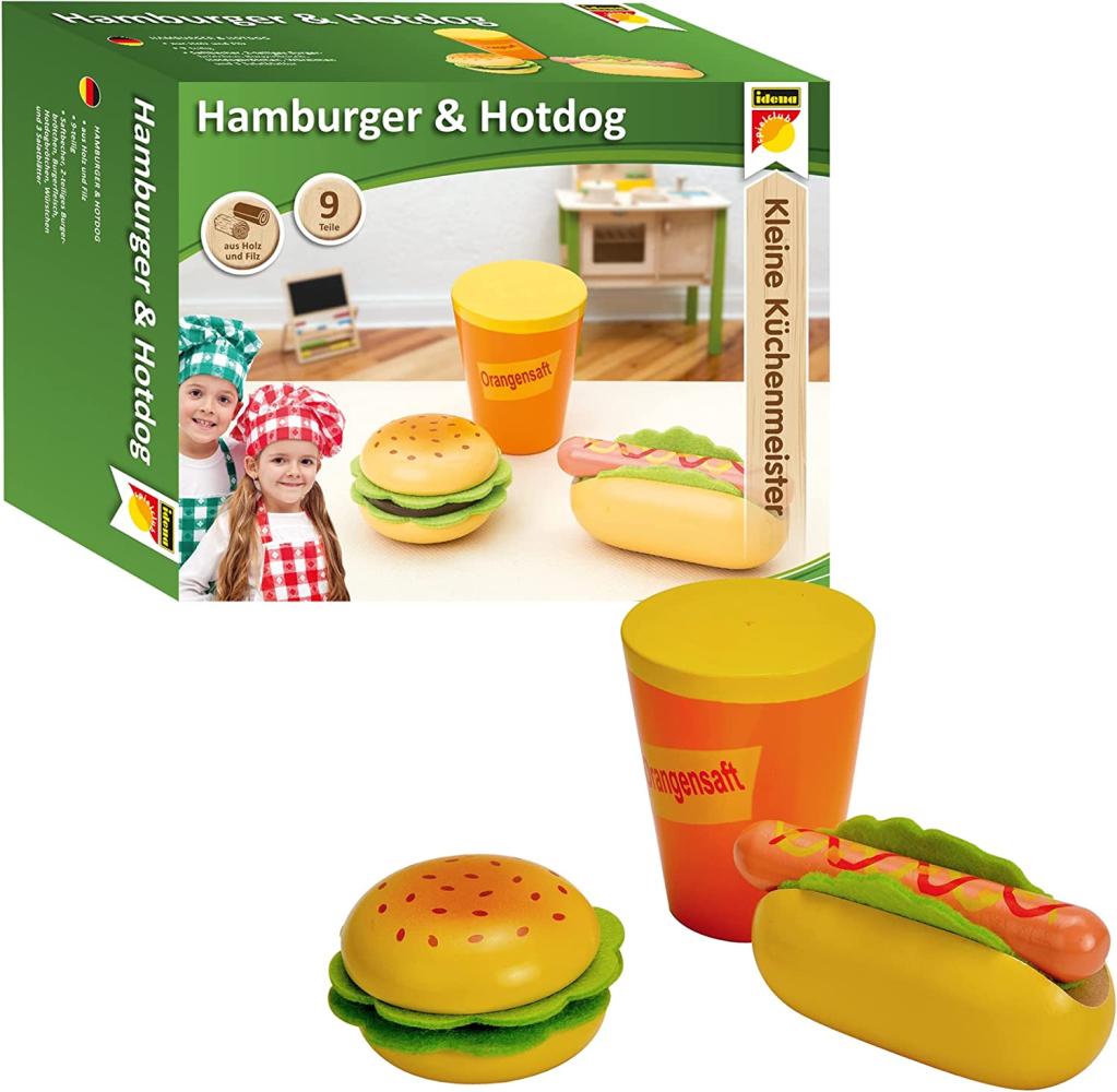 Idena 4100113 - Kleine Küchenmeister Hamburger und Hotdog Set aus Holz, für Spielküche und Kaufmannsladen, ab 3 Jahre, ca. 15 x 16 x 6 cm Bild 1