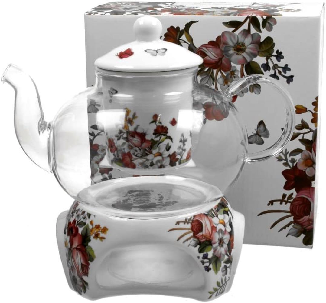 DUO FLORAL Teekanne 1000 ml VINTAGE FLOWERS WHITE mit Stövchen, Glas - New Bone China Porzellan Bild 1