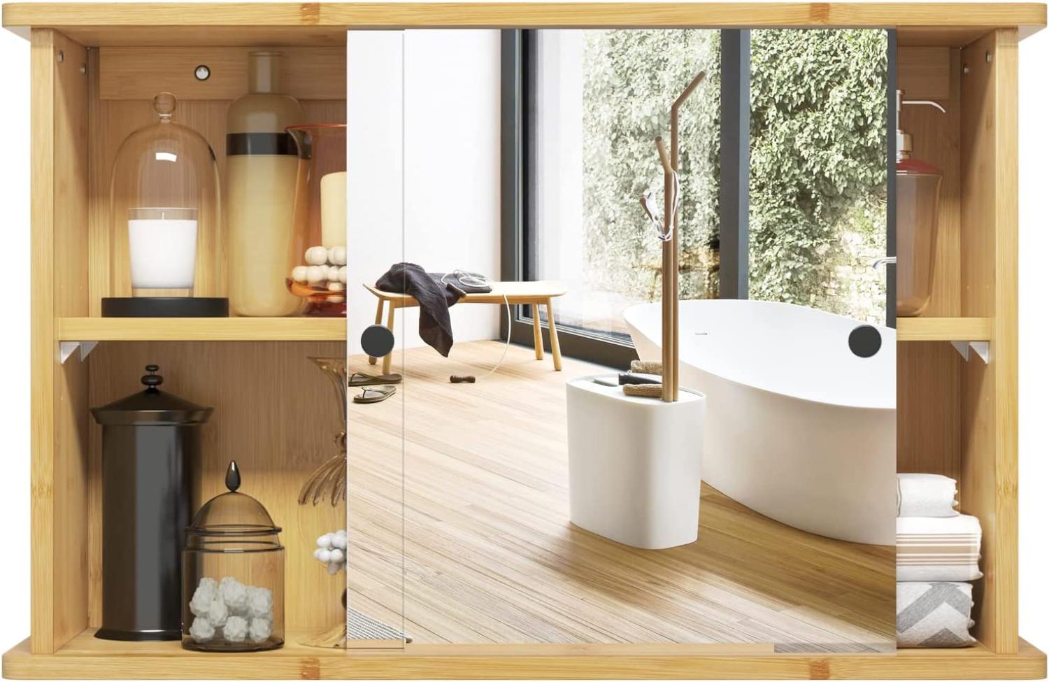 EUGAD Spiegelschrank für Bad, Badezimmerschrank mit Spiegeln, hängender Badschrank mit Schiebetüren, Hängeschrank für Badezimmer, mit Verstellbarer Ablage, aus Bambus, 55x35,5x14 cm Bild 1
