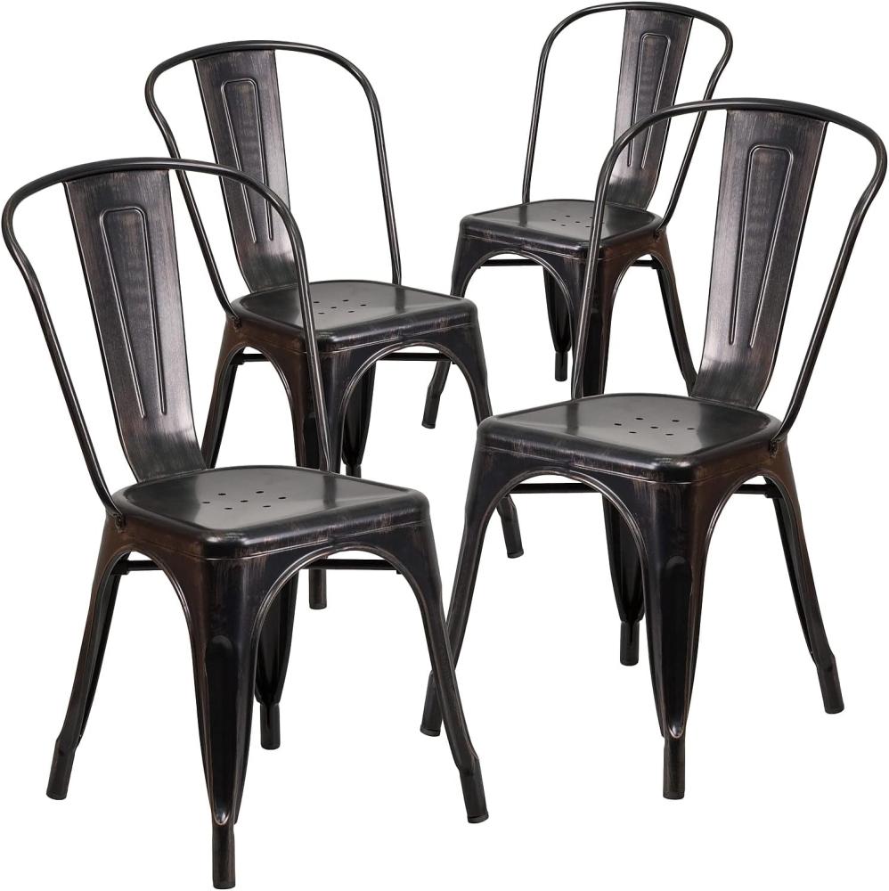 Flash Furniture Stapelbare Stühle für den Innen-und Außenbereich, aus Metall, 4 Stück, Legierter Stahl Kunststoff, Schwarz-antik-Gold, 4 Pack Bild 1