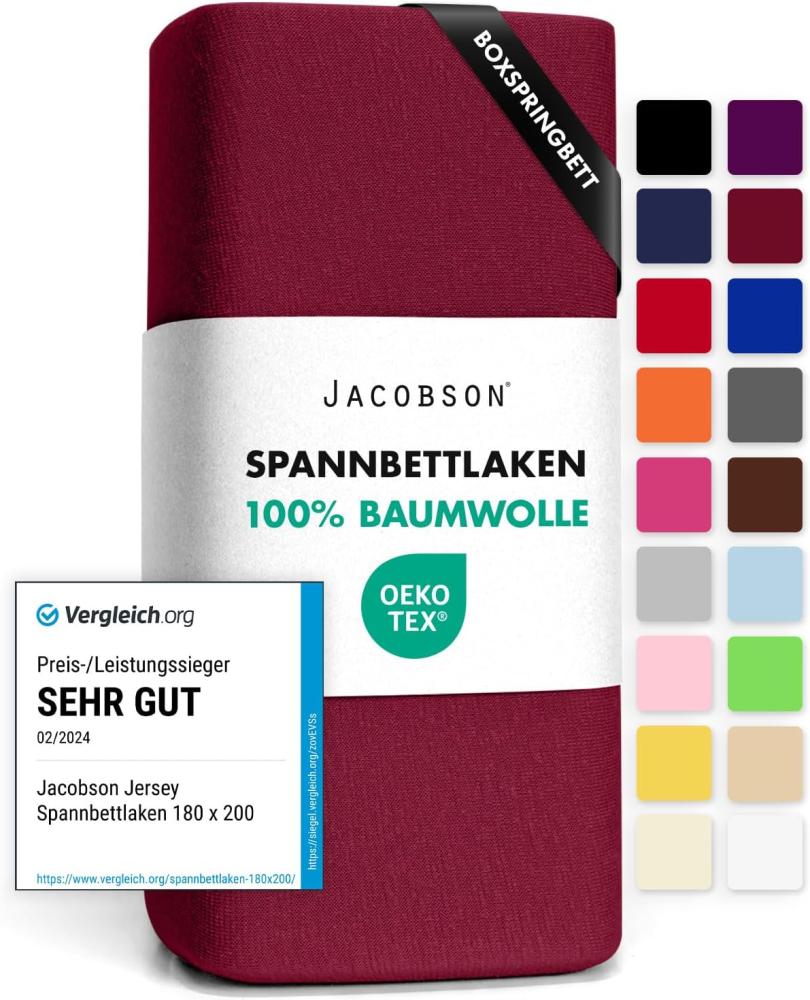 Jacobson Jersey Spannbettlaken Spannbetttuch Baumwolle Bettlaken (140x200-160x220 cm, Bordeaux) Bild 1