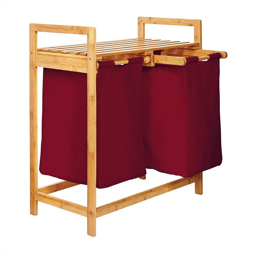 Lumaland Wäschekorb aus Bambus mit 2 ausziehbaren Wäschesäcken - Größe ca. 73 cm Höhe x 64 cm Breite x 33 cm Tiefe - Farbe Dunkelrot Bild 1