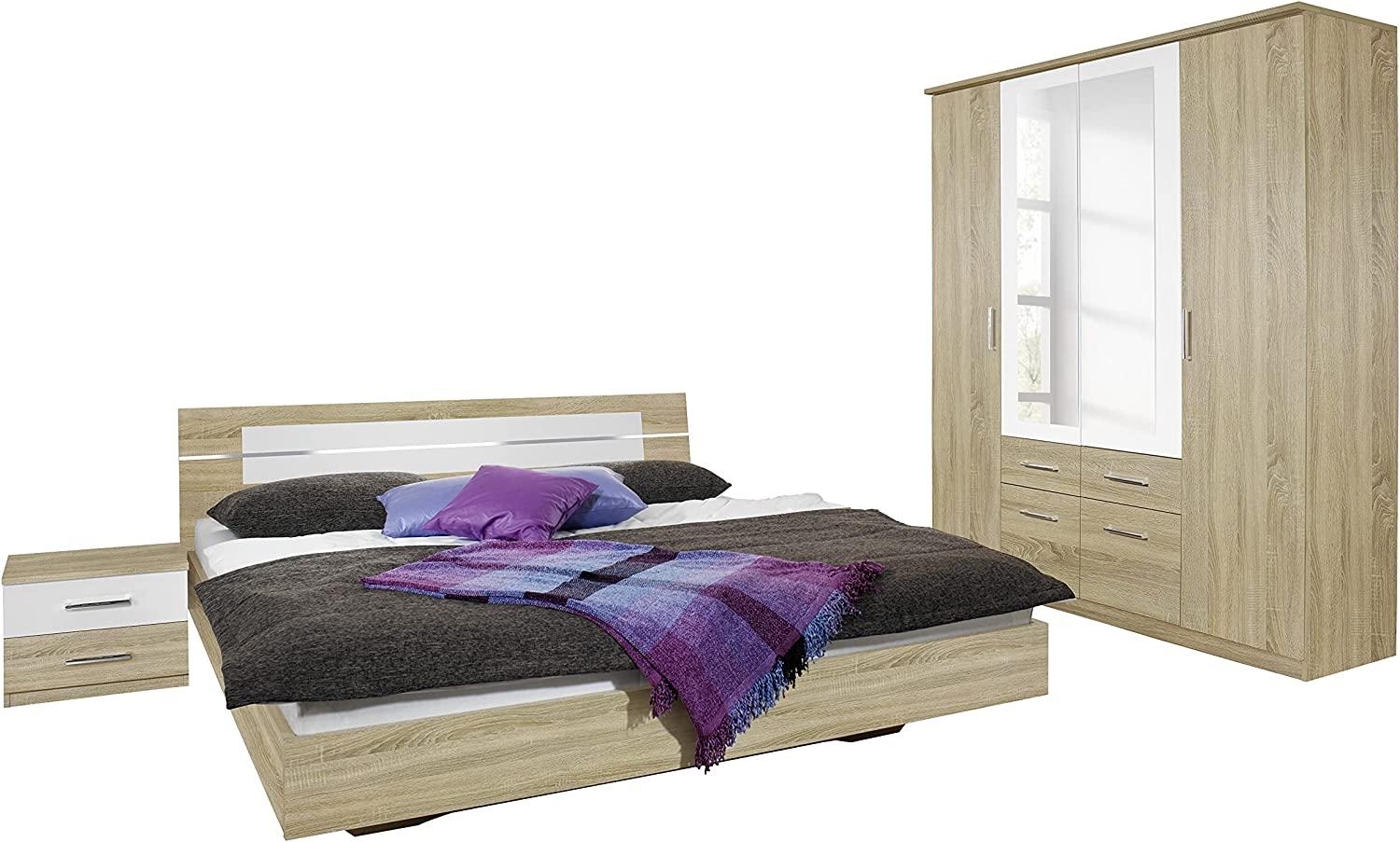 Rauch Möbel Burano Schlafzimmer, Eiche Sonoma / Weiß, bestehend aus Bett mit Liegefläche 180x200 cm inklusive 2 Nachttische und Drehtürenschrank BxHxT 181x212x58 cm Bild 1
