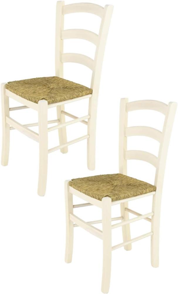 Tommychairs - 2er Set Stühle Venice für Küche und Esszimmer, robuste Struktur aus lackiertem Buchenholz in Anilinfarbe Weiss und Sitzfläche aus Stroh Bild 1