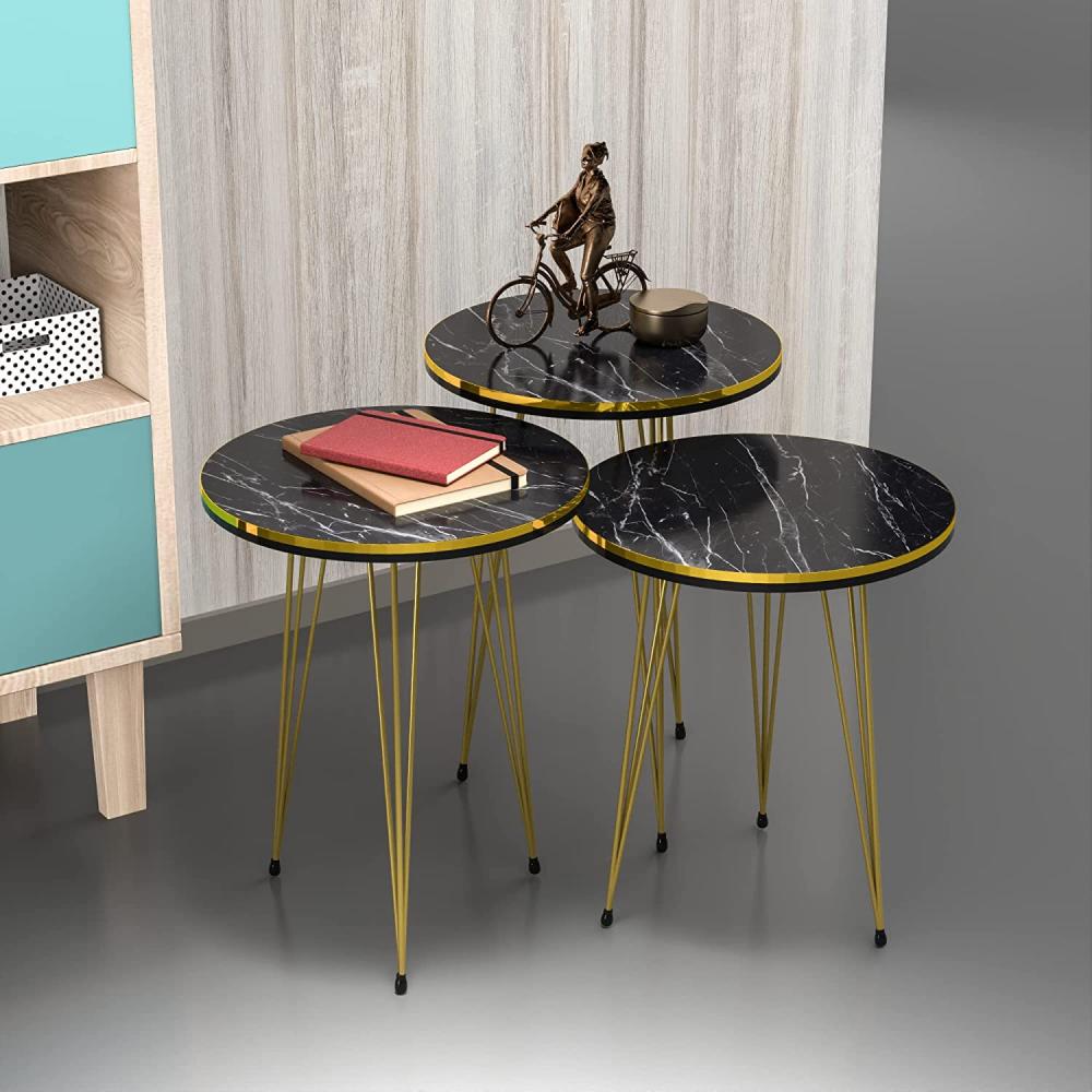 [en. casa] Beistelltisch-Set Ry Satztisch 3er Set Schwarze Marmor-Optik Abstelltisch mit runder Tischplatte Hairpinlegs aus Metall Goldfarben Wohnzimmertisch Bild 1