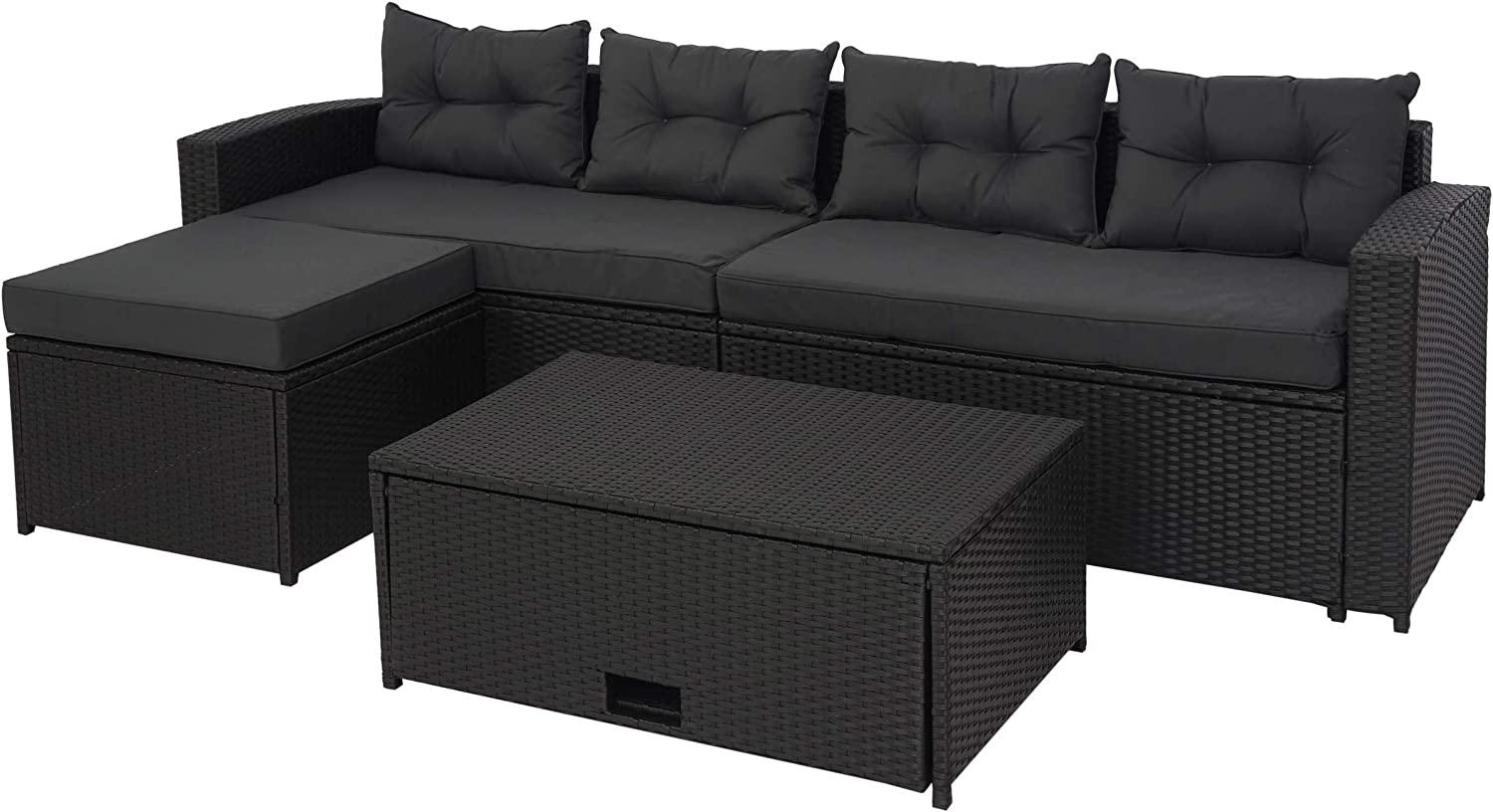 Poly-Rattan Garnitur HWC-J34, Balkon-/Garten-/Lounge-Set Sitzgruppe Sofa, Staufach ~ schwarz, Kissen dunkelgrau Bild 1