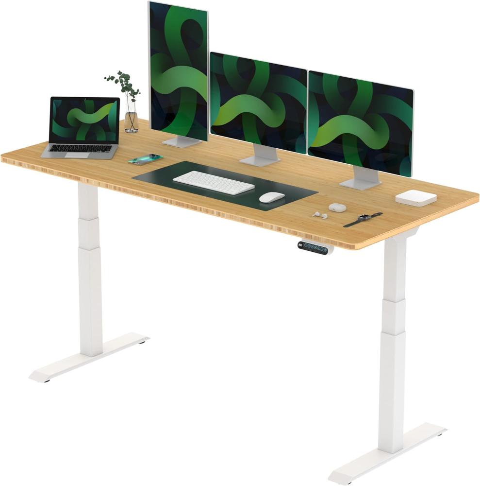 Flexispot E6 Elektrisch höhenverstellbarer Schreibtisch 180x80cm | Ergonomischer Steh-Sitz Tisch mit Memory Funktion | Beugt Rückenschmerzen vor & Macht produktiver (Bambus, Gestell Weiß) Bild 1